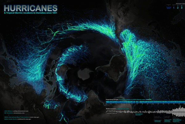 Map of hurricanes and tropical storms since 1851. 