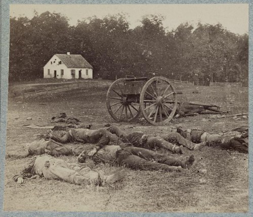 Bodies of Confederate artillerymen near Dunker church. Photo by Alexander Gardner, 1862, http://hdl.loc.gov/loc.pnp/ppmsca.32887