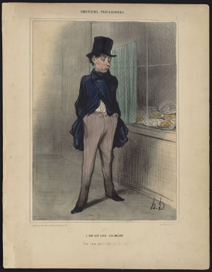 Print shows a man in a tall black hat with his hands in his pockets, looking sardonically at a window, covered by a grill, behind which sit bowls of coins. Daumier was a French caricaturist and cartoonist, who turned from political cartooning (after a stiff censorship law was passed) to satirizing the social and economic mores of middle class society. This print was one of 42 featuring emotional moments in the lives of his fellow Parisians. The title can be roughly translated as: Gold is a myth, for those who don't have a penny.