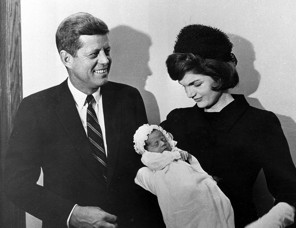 President Kennedy and first lady Jacqueline Kennedy pose at Georgetown University Hospital in Washington Dec. 8, 1960, with their son, John F. Kennedy Jr., following a baptism for the infant. The younger Kennedy was born Nov. 25. (AP Photo)
