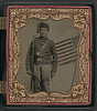 [Unidentified soldier in Union uniform with Zouave fez and bayoneted musket in front of painted backdrop showing American flag] (LOC) by The Library of Congress