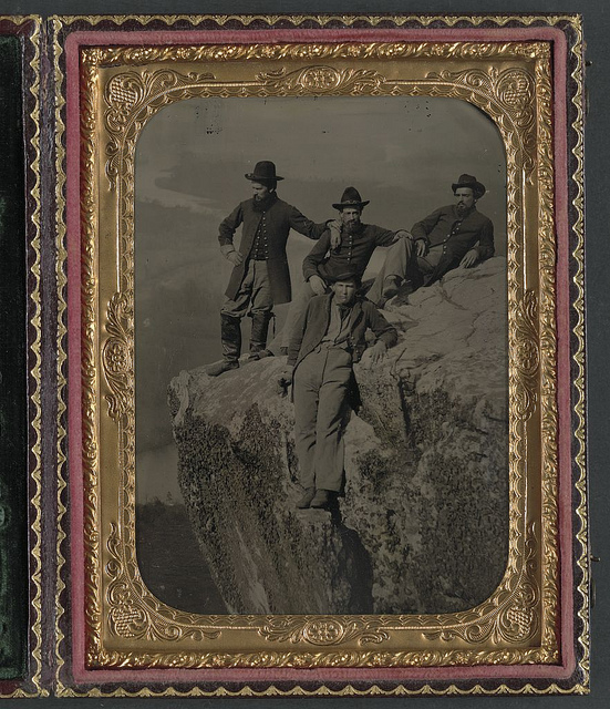 [Private Henry McCollum of Company B, 78th Pennsylvania Infantry Regiment and three unidentified soldiers in 78th Pennsylvania Infantry uniforms at Point Lookout, Tennessee] (LOC)