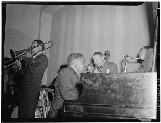 [Portrait of Jay Higginbotham, Pete Johnson, Henry Allen, and Lester Young, National Press Club, Washington, D.C., ca. 1940] (LOC)