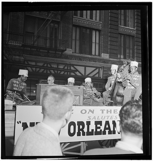 [Portrait of Kaiser Marshall, Art Hodes, Sandy Williams, Cecil (Xavier) Scott, and Henry (Clay) Goodwin, Times Square, New York, N.Y., ca. July 1947] (LOC)