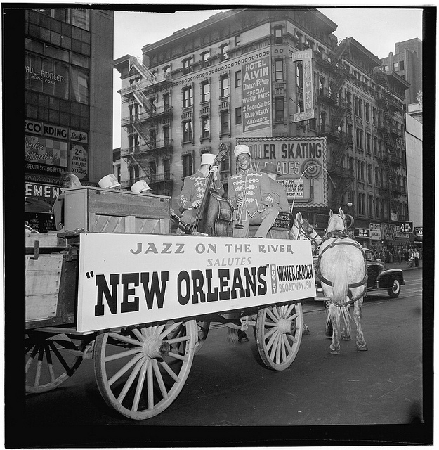 [Portrait of Art Hodes, Kaiser Marshall, Henry (Clay) Goodwin, Sandy Williams, and Cecil (Xavier) Scott, Times Square, New York, N.Y., ca. July 1947] (LOC)