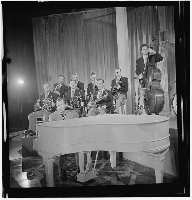 [Portrait of Claude Thornhill, Sandy Siegelstien, Willie Wechsler, Micky Folus, Joe Shulman, Mario Rullo, Danny Polo, Lee Konitz, and Bill Bushing, Columbia Pictures studio, the making of Beautiful Doll, New York, N.Y., ca. Sept. 1947] (LOC)