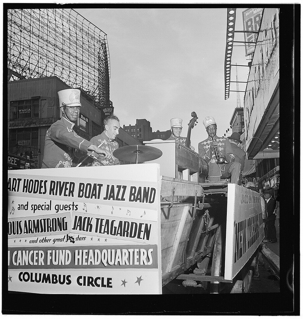 [Portrait of Kaiser Marshall, Art Hodes, and Henry (Clay) Goodwin, Times Square, New York, N.Y., ca. July 1947] (LOC)