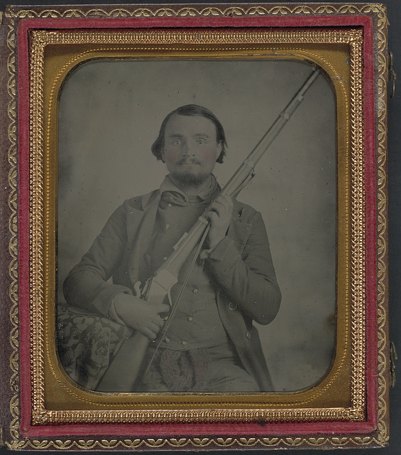 [Third Lieutenant John Alphonso Beall of Company D, 14th Texas Cavalry Regiment, with Spencer carbine] (LOC)