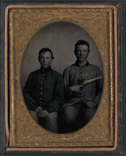 [Two unidentified soldiers in Confederate uniforms, one with flintlock pistol] (LOC)