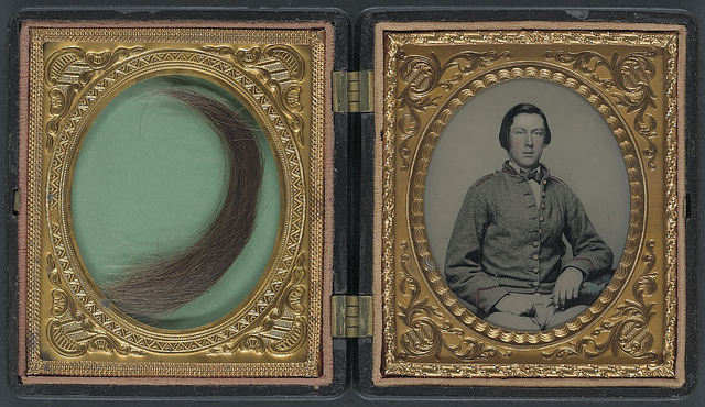 [Private William Savage Moore of Richmond "Parker" Virginia Light Artillery Battery, 1st Company Howitzers Virginia Light Artillery Battery, and I Company, 15th Virginia Infantry Regiment and lock of hair in case] (LOC)