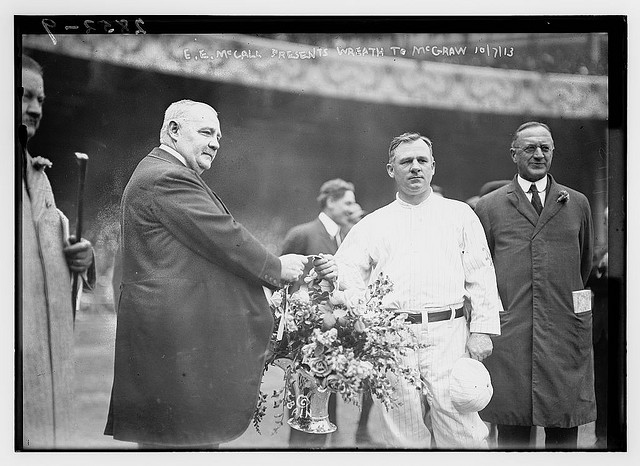 [Edward McCall presents a silver basket of flowers to New York Giants manager John McGraw at Polo Grounds, NY (baseball)] (LOC)