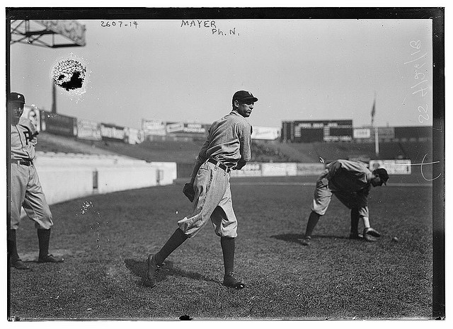 [Eppa Rixey, Philadelphia NL, at left, Erskine Mayer, Philadelphia NL, at center, and unknown player at right at the Polo Grounds, New York (LOC)