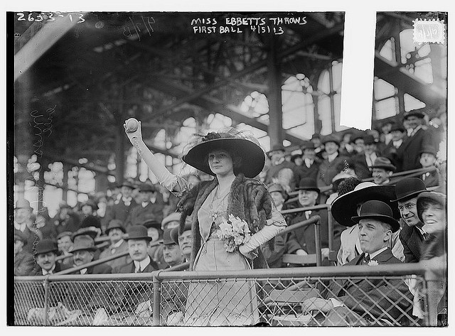 [Miss Genevieve Ebbets, youngest daughter of Charley Ebbets, throws first ball at opening of Ebbets Field (baseball)] (LOC)