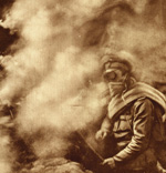 A soldier wearing a gas mask, enveloped by a cloud of gas