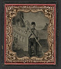 [Unidentified young soldier in Union forage cap with bayoneted musket in front painted backdrop showing mansion and seascape] (LOC) by The Library of Congress