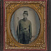 [Unidentified young soldier in Union uniform with bayoneted musket, knife, and revolver] (LOC)