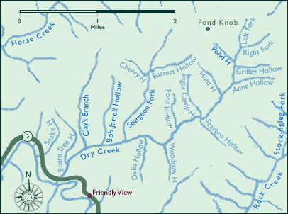A map showing places of interest along Dry Creek in southern West Virginia.