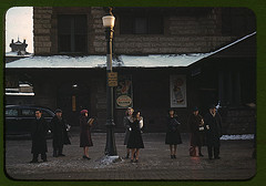 Commuters, who have just come off the train, waiting for the bus to go home, Lowell, Mass. (LOC)