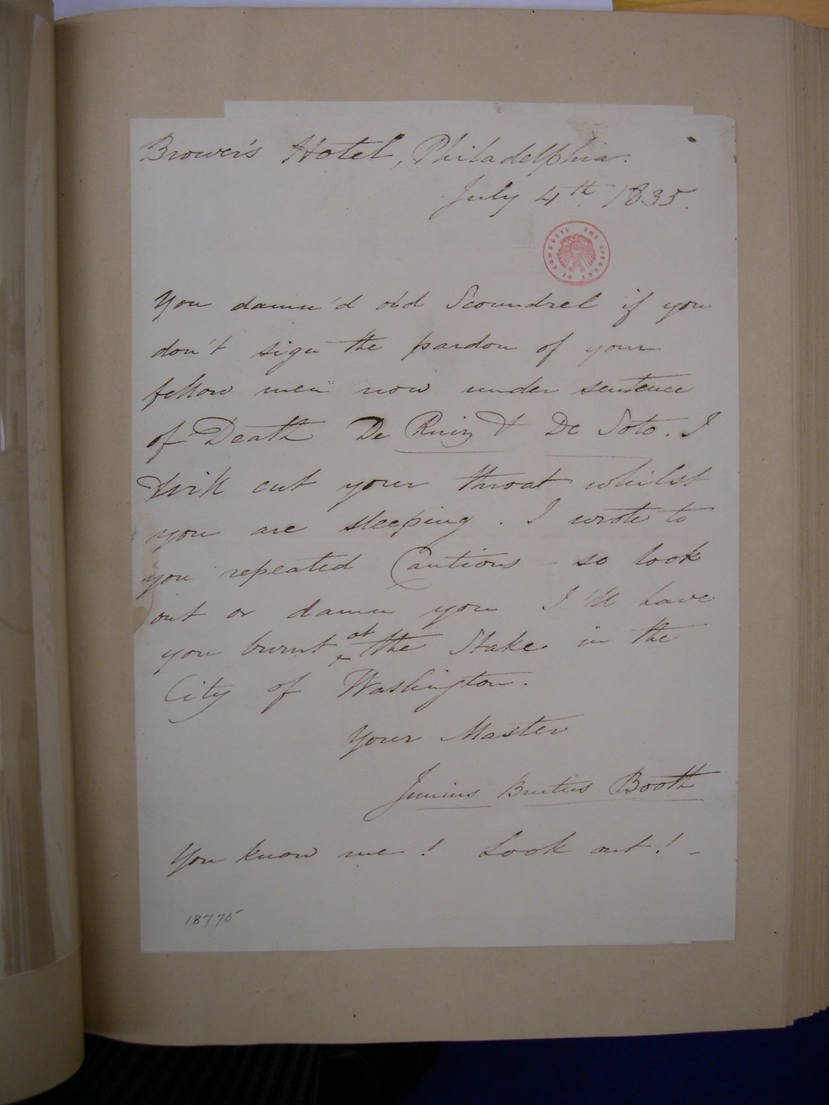 Letter from Junius Brutus Booth to Andrew Jackson