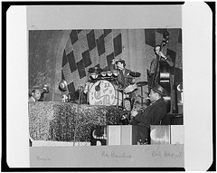 [Portrait of Count Basie, Ray Bauduc, Herschel Evans, and Bob Haggart, Howard Theater, Washington, D.C., ca. 1941] (LOC)