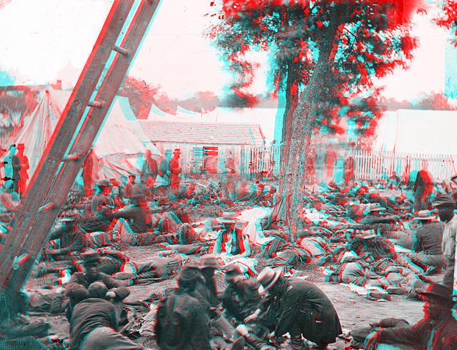 anaglyph of Tending wounded Union soldiers at Savage's Station, Virginia, during the Peninsular Campaign