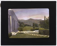 ["Arcady," George Owen Knapp house, Sycamore Canyon Road, Montecito, California. Lower garden, view to Santa Ynez Mountains]