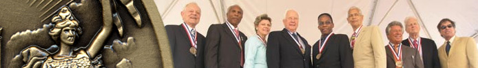 collage image of a close-up of an medal and a group of award winners