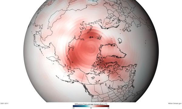 Red shading shows the difference in average temperature in the Arctic from the period 2001-2011 compared with the long-term average of 1971-2000.