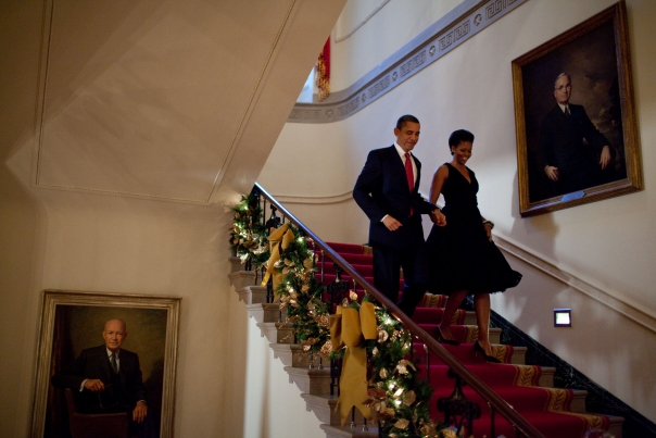 Christmas First Family: Obama coming downstairs 2009