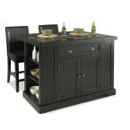 Nantucket Kitchen Island in Distressed Black with Black Granite Inlay and Two Stools
