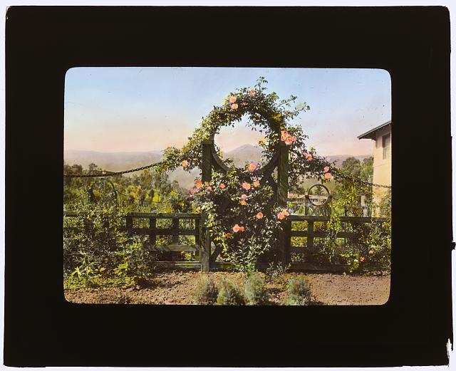 ["Casa de Mariposa," Walter Franklin Cobb house, Butterfly Lane, Montecito, California. Garden gate]