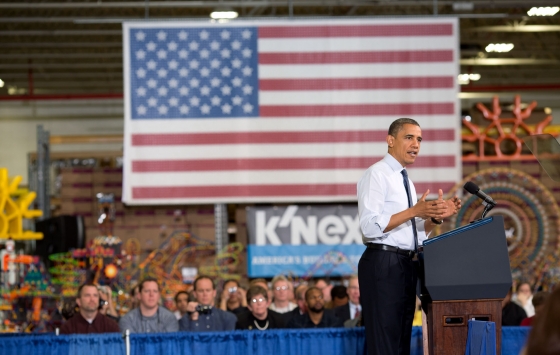 President Barack Obama delivers remarks at the K’NEX Production Facility