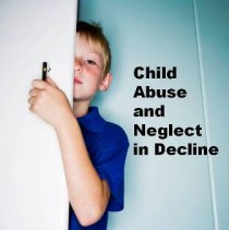 Picture of child hiding behind door with text: Child Abuse and Neglect in Decline