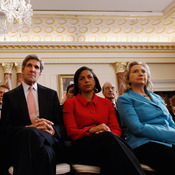 Sen. John Kerry, D-Mass., U.N. Ambassador Susan Rice, and Secretary of State Hillary Clinton listen to President Obama speak at the State Department in May 2011. With Rice withdrawing her name from consideration to succeed Clinton, speculation has turned to Kerry.