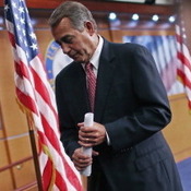 Speaker of the House John Boehner (R-OH) leaves after his weekly news briefing at the U.S. Capitol Thursday. Boehner said negotiations with President Barack Obama to are stalled until the White House offers more federal budget spending cuts.