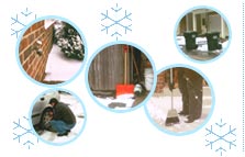 Montage of snow scenes around single home.