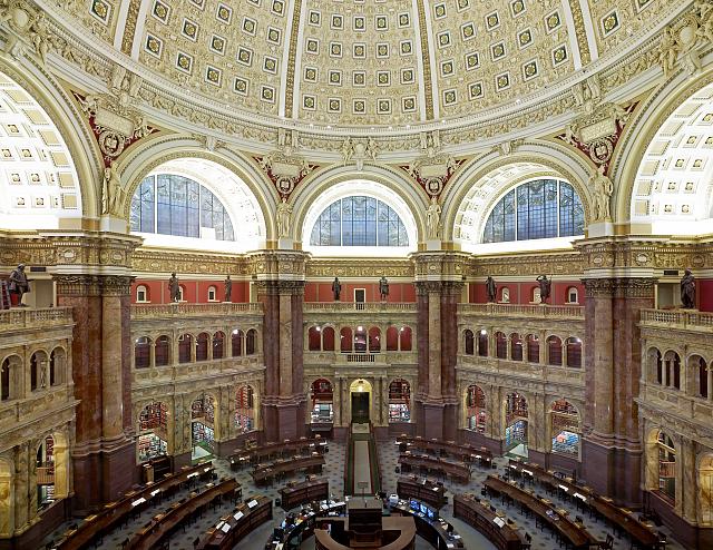 [Main Reading Room. View from above showing researcher desks. Library of Congress Thomas Jefferson Building, Washington, D.C.]