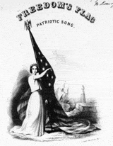 Cover of sheet music, with an illustration of a woman with her arms wrapped around a flag