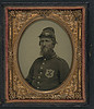 [Unidentified soldier in Union uniform of the 56th New York Volunteers (10th Legion) and forage cap; Medal of Honor pinned to the velvet pad opposite photograph] (LOC) by The Library of Congress