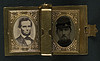 [Two portraits from: Unidentified soldier in Union uniform and forage cap with portraits of Lincoln, Johnson, and an unidentified boy in a book-shaped locket with pages] (LOC) by The Library of Congress