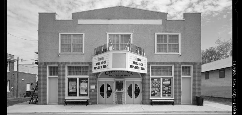 Photo: Church Hill Theatre, Church Hill - HABS No. MD-1388-2:  Southeast elevation.  This theater was built in 1929 and received an Art Deco renovation in 1944 after a fire. Photographer: Renee Bieretz.