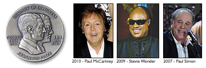Image: Gershwin medal and prize winners: Paul McCartney (2010); Stevie Wonder (2009); Paul Simon (2007)