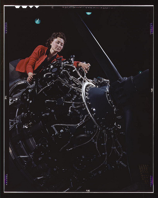 Woman at work on motor, Douglas Aircraft Company, Long Beach, Calif. (LOC)