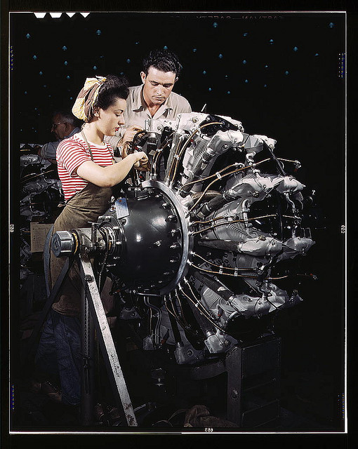 Women are trained as engine mechanics in thorough Douglas training methods, Douglas Aircraft Company, Long Beach, Calif. (LOC)