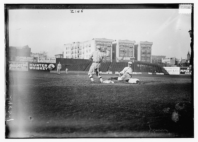 [Guy Zinn, New York AL, sliding back into first base against Boston at Hilltop Park, New York City (baseball)] (LOC)
