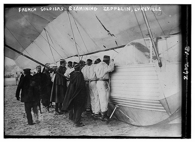 French soldiers examining Zeppelin at Luneville (LOC)