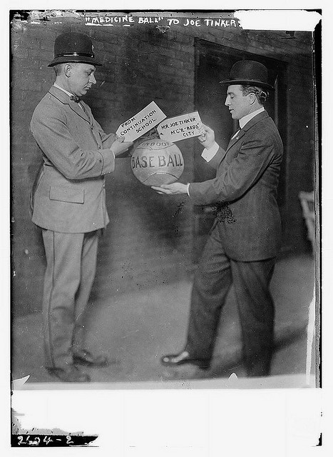 Joe Tinker receiving medicine ball sent by Continuation School 1913 (LOC)