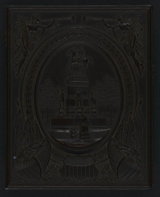 [Union case for daguerreotype, ambrotype, or tintype showing the George Washington equestrian monument on the Virginia state capitol grounds by Thomas Crawford surrounded by seraphs, eagles and Union shields; back is design of seraphs, eagles, and shields