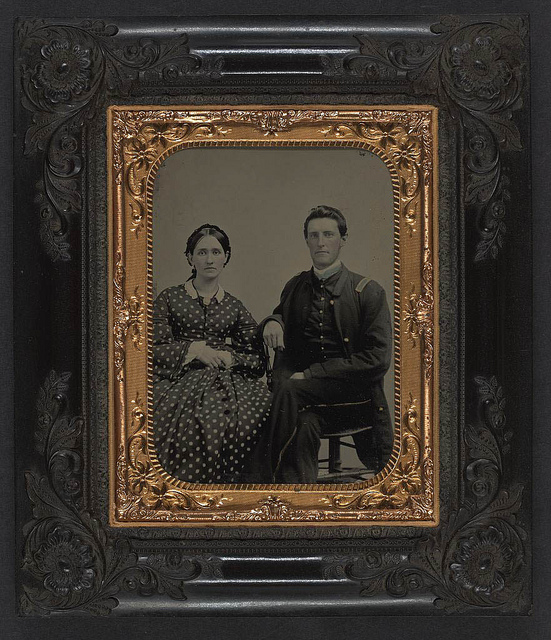 [Unidentified soldier in Union first lieutenant's uniform next to unidentified woman in dress] (LOC)