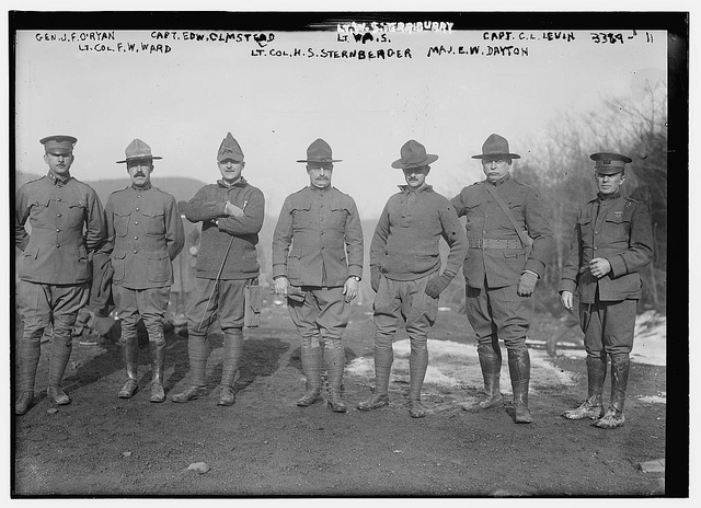 Gen. J.F. O'Ryan, Capt. Edw. Olmstead, Lt. W. Sterrburry, Capt. C.L. Levin, Lt. Col. F.W. Ward, Lt. Col. H.S. Sternberger, and Maj. E.W. Dayton (LOC)